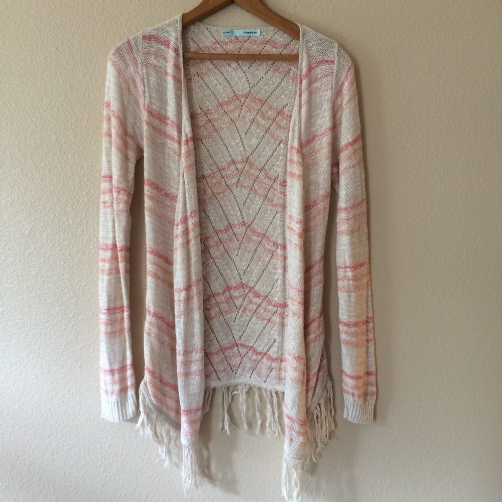 Beige Pink Coral Cardigan XS Cream Shrug Lightweight Fringe Pointelle